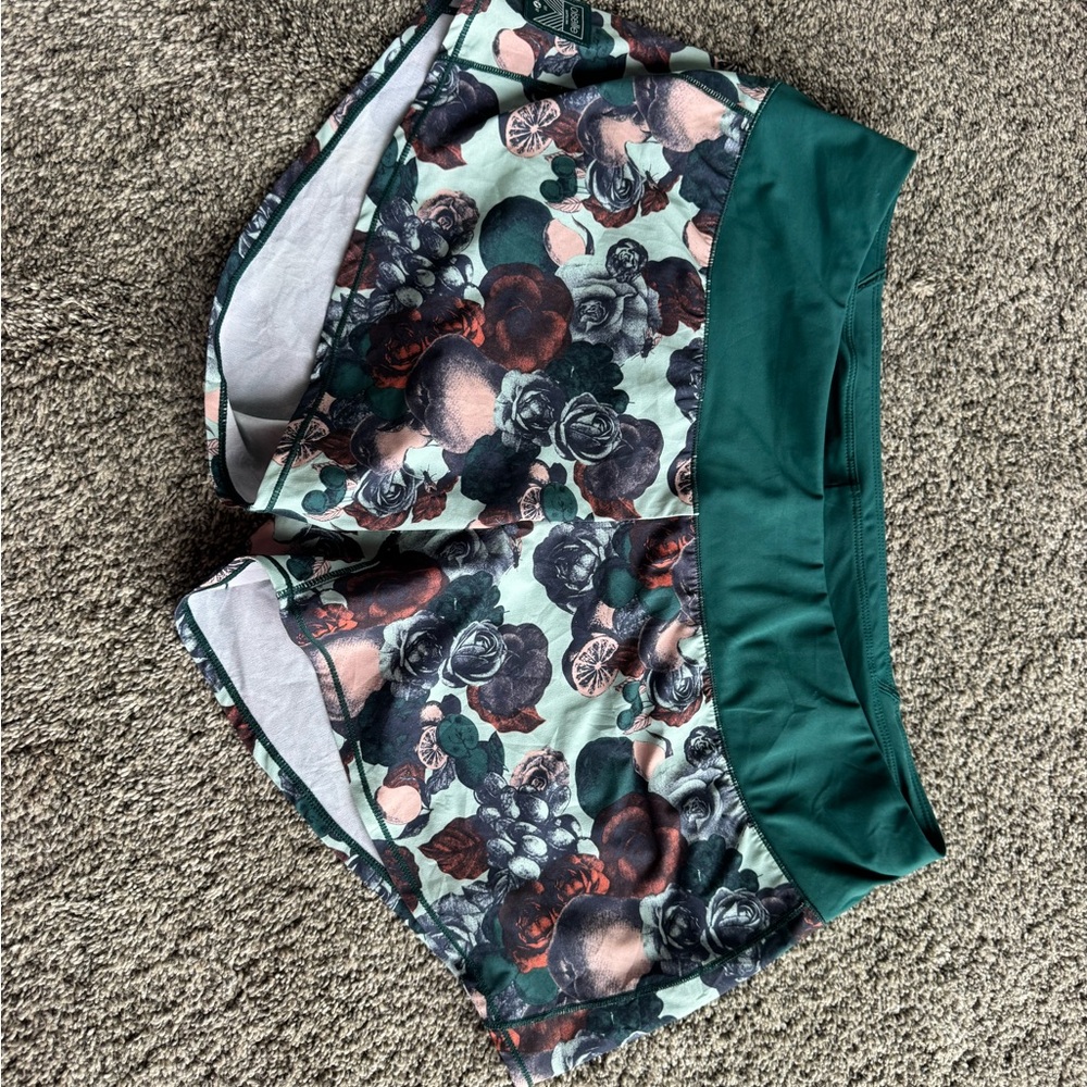 oiselle Floral Athletic Shorts in Teal Green and Mint